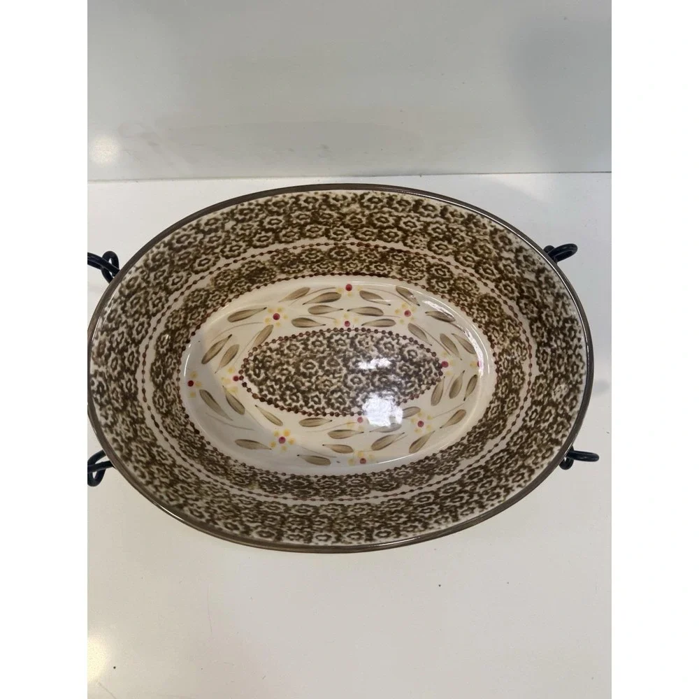 Temptations Old World Brown 1.5 Qt Oval Casserole Bowl Dish W/Trivet And Rack